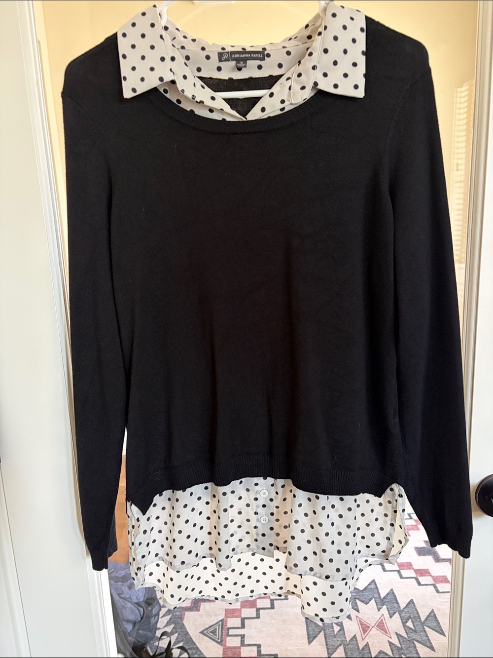 Adrianna Papell Black Sweater with White Polka Dot Shirt Detail